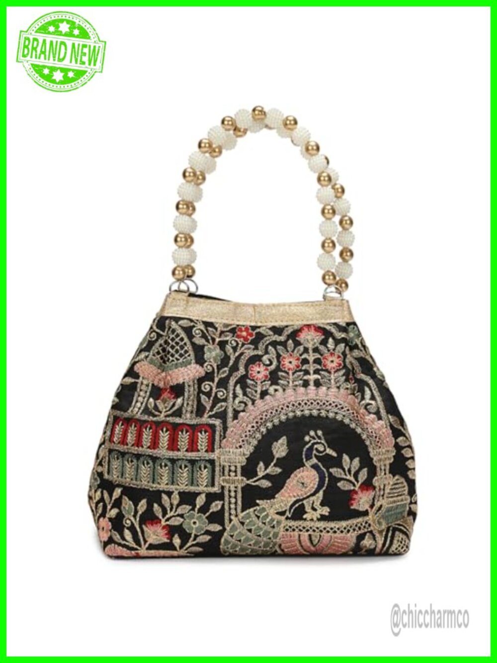 Vintage Peacock Floral Embroidered Potli Bag Pearl Beaded Handle Evening Purse
